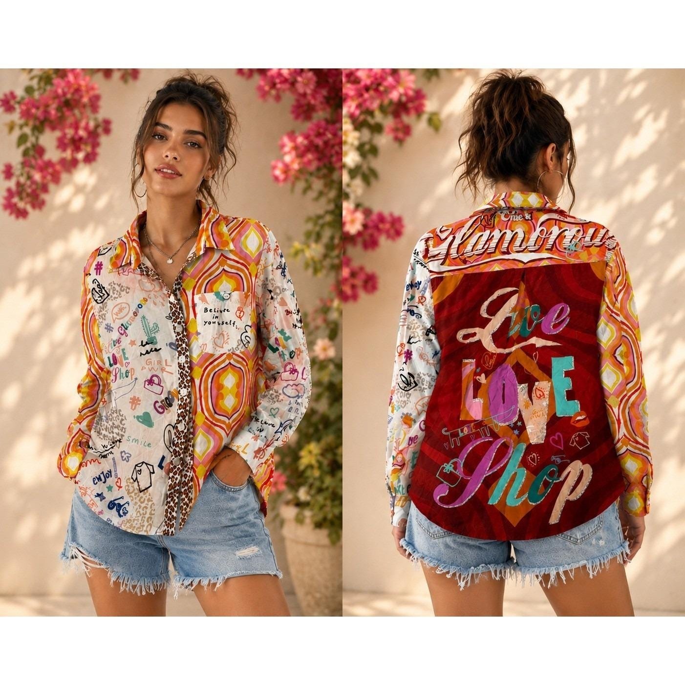 John Mark Shirt Womens Mixed Print Graffiti Psychedelic Button Up Shirt Size Pm